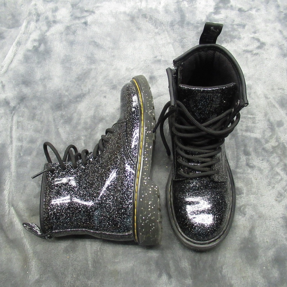 Dr Martens Juniors 2 Black Cosmic Glitter Leather Combat Side Zip Lace Up Heeled